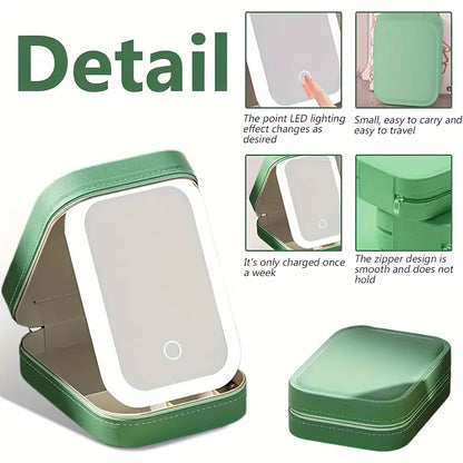 Black Portable LED Makeup Mirror with Jewellery Storage Box Touch Screen Adjustable Light Travel Cosmetic Organizer Case