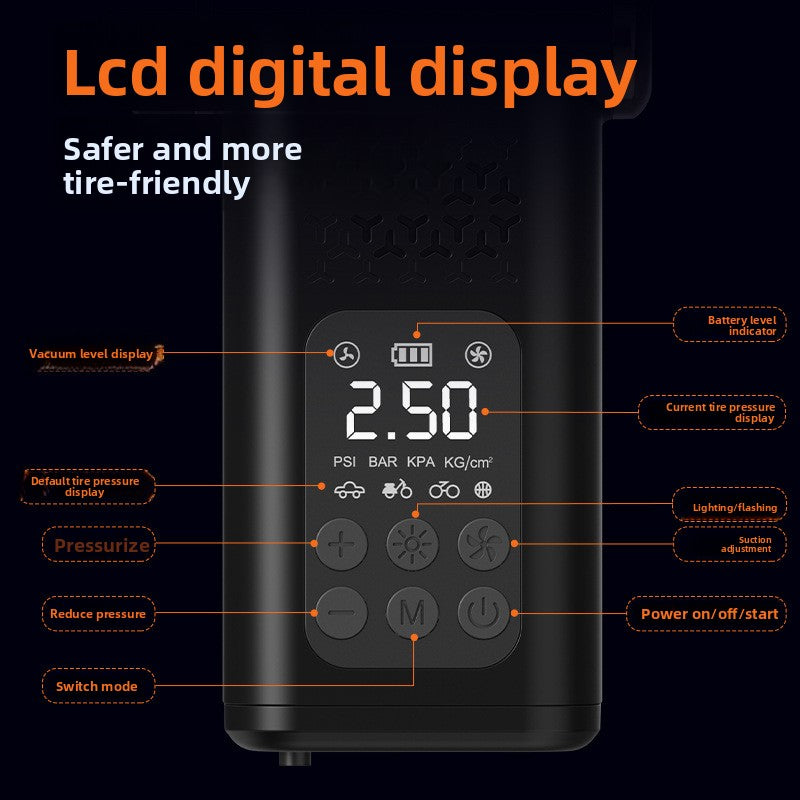 Black 4-in-1 Car Vacuum Cleaner and Tyre Inflator Portable Cordless Air Pump with LED Light and Digital Pressure Gauge