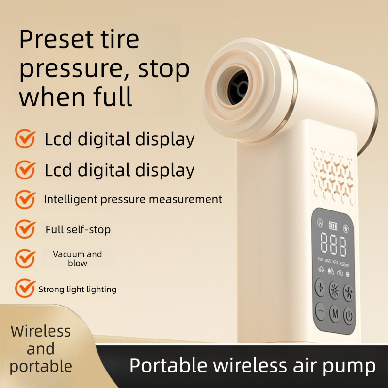 Beige 4-in-1 Car Vacuum Cleaner and Tyre Inflator Portable Cordless Air Pump with LED Light and Digital Pressure Gauge