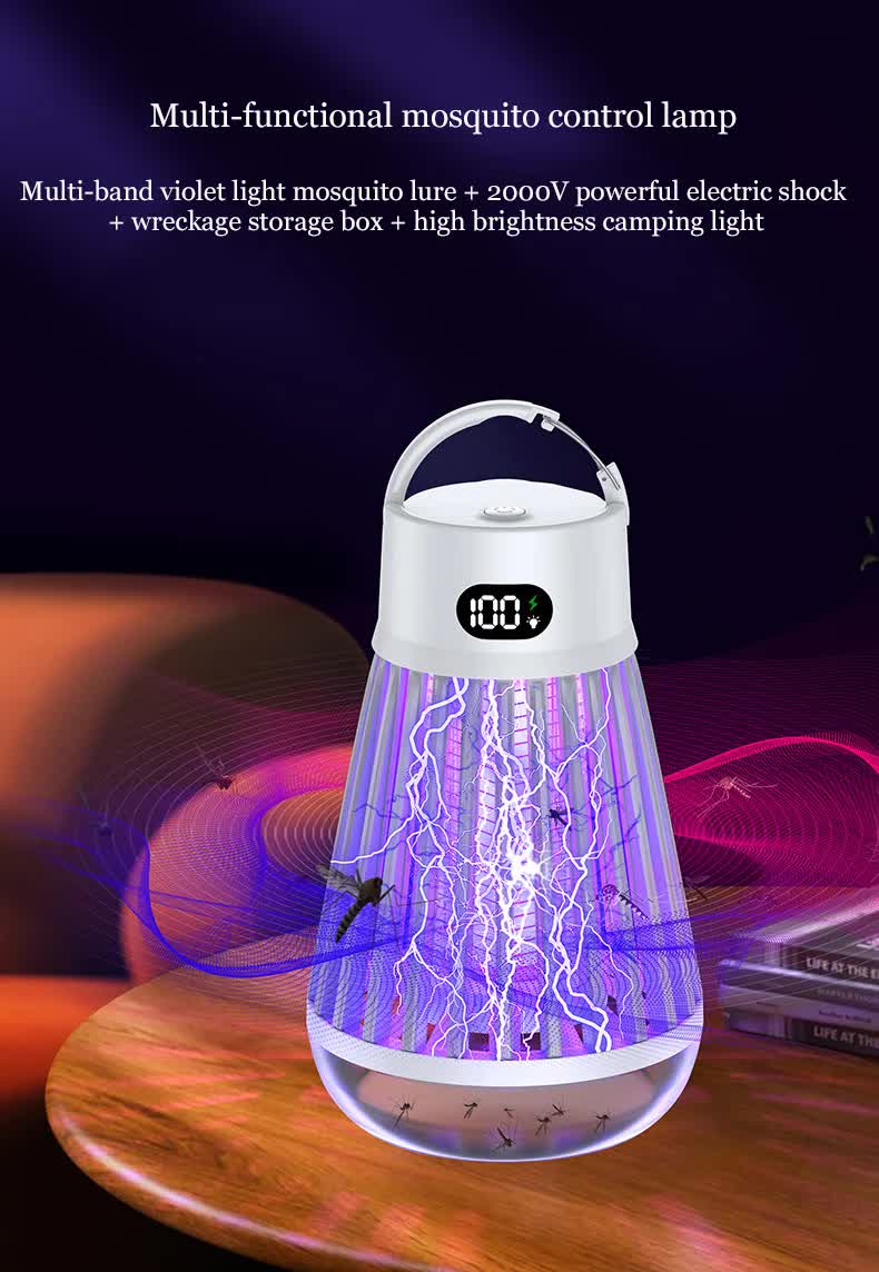 2-in-1 Rechargeable Mosquito Zapper & Camping Lantern - 2000V Electric Insect Killer with Smart Digital Display - 2000mAh Battery Portable Bug Trap for Outdoor Tent Patio & Home - IPX5 Waterproof - White