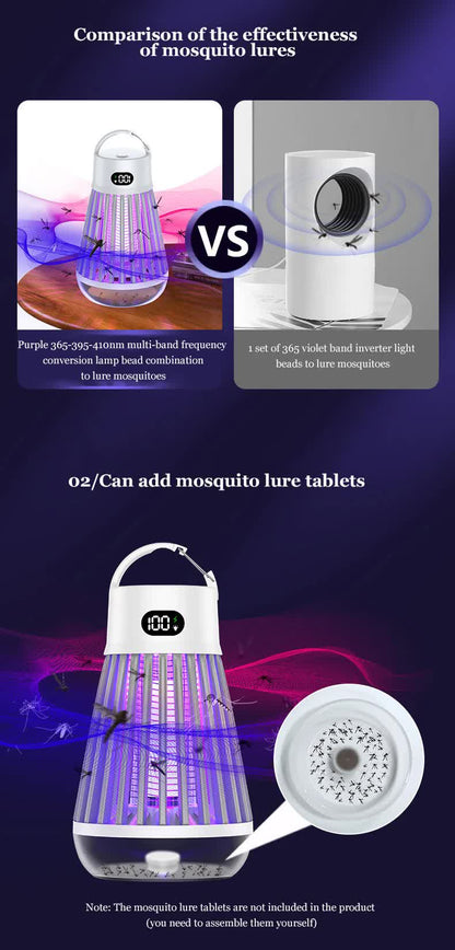 2-in-1 Rechargeable Mosquito Zapper & Camping Lantern - 2000V Electric Insect Killer with Smart Digital Display - 2000mAh Battery Portable Bug Trap for Outdoor Tent Patio & Home - IPX5 Waterproof - White