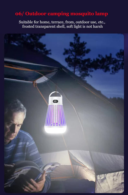 2-in-1 Rechargeable Mosquito Zapper & Camping Lantern - 2000V Electric Insect Killer with Smart Digital Display - 2000mAh Battery Portable Bug Trap for Outdoor Tent Patio & Home - IPX5 Waterproof - White