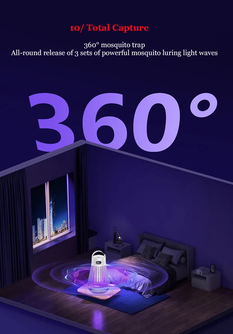 2-in-1 Rechargeable Mosquito Zapper & Camping Lantern - 2000V Electric Insect Killer with Smart Digital Display - 2000mAh Battery Portable Bug Trap for Outdoor Tent Patio & Home - IPX5 Waterproof - White