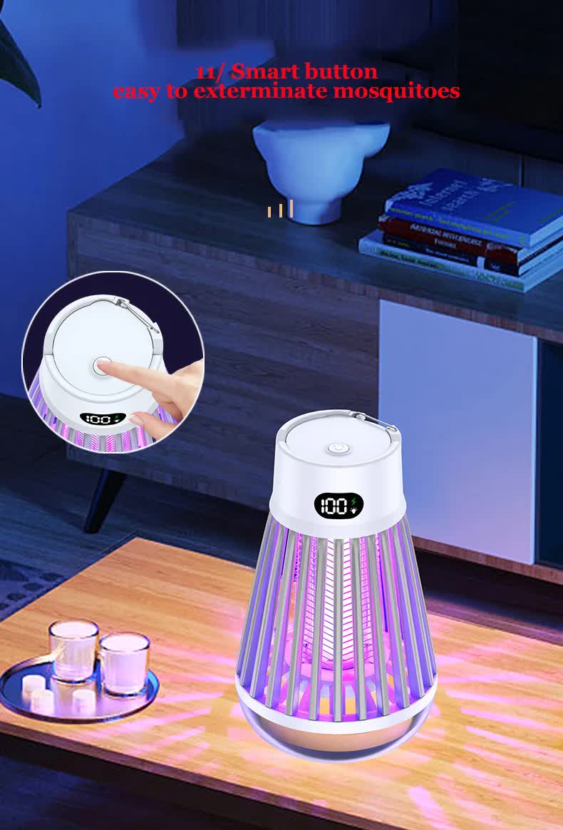 2-in-1 Rechargeable Mosquito Zapper & Camping Lantern - 2000V Electric Insect Killer with Smart Digital Display - 2000mAh Battery Portable Bug Trap for Outdoor Tent Patio & Home - IPX5 Waterproof - White