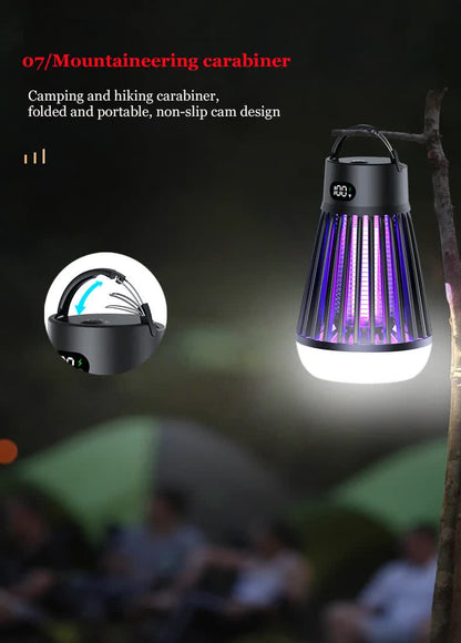 2-in-1 Rechargeable Mosquito Zapper & Camping Lantern - 2000V Electric Insect Killer with Smart Digital Display - 2000mAh Battery Portable Bug Trap for Outdoor Tent Patio & Home - IPX5 Waterproof - Black