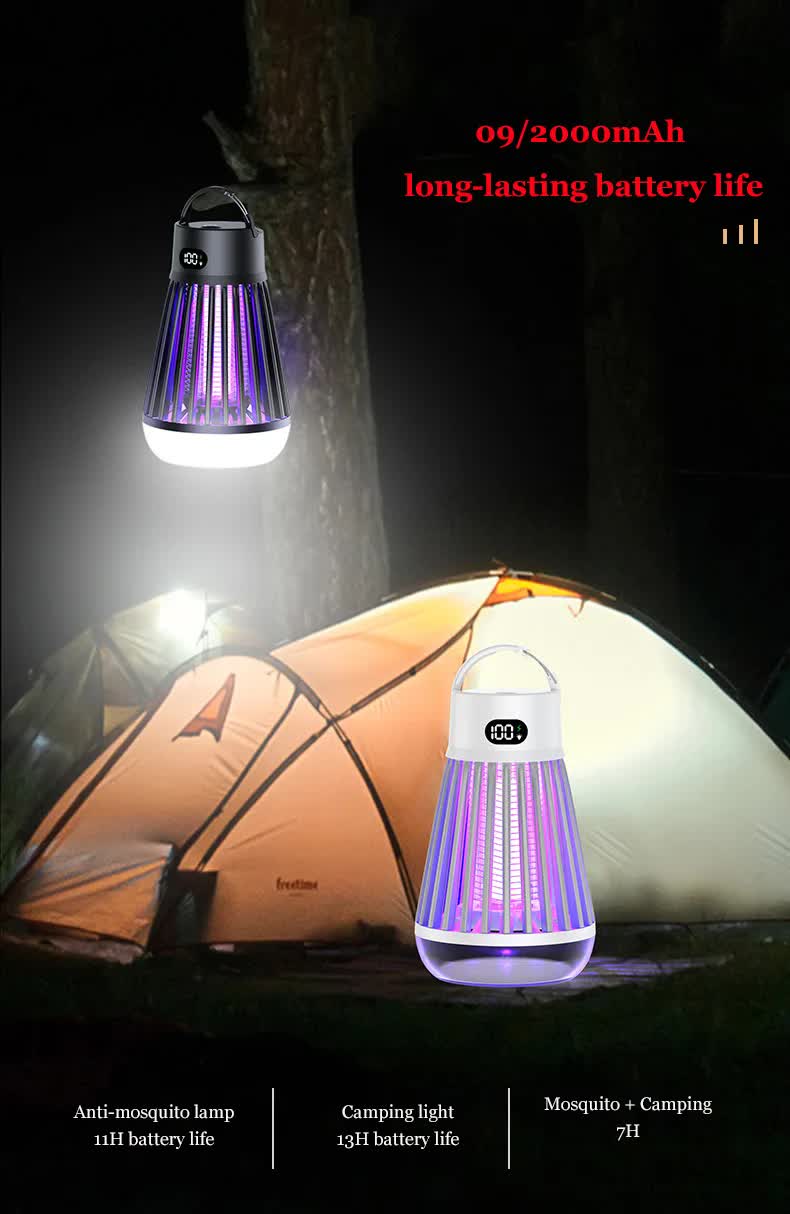2-in-1 Rechargeable Mosquito Zapper & Camping Lantern - 2000V Electric Insect Killer with Smart Digital Display - 2000mAh Battery Portable Bug Trap for Outdoor Tent Patio & Home - IPX5 Waterproof - Black