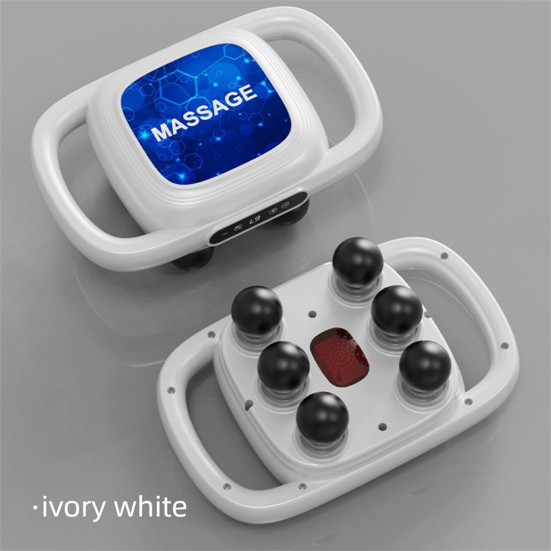 6-Head Deep Tissue Percussion Massager - Cordless Electric Muscle Gun with Red Light Therapy - 9 Speed Dual Handle Body Relaxer for Back & Legs - Ivory White