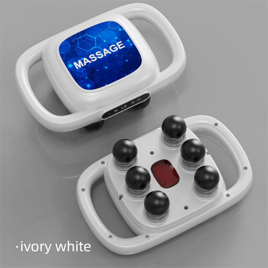 6-Head Deep Tissue Percussion Massager - Cordless Electric Muscle Gun with Red Light Therapy - 9 Speed Dual Handle Body Relaxer for Back & Legs - Ivory White