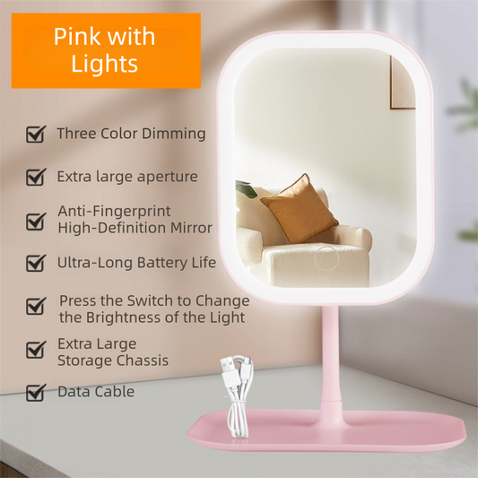 Portable LED Makeup Mirror with Integrated Fill Light & Storage Chassis - 360°Rotatable High-Definition Stylish Tabletop Vanity Mirror(Pink)