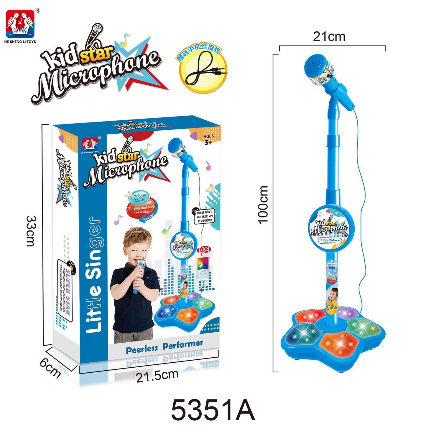 Kids Blue Karaoke Microphone & Adjustable Stand Toy - Portable Singing Machine Educational Musical Toy, Connects to Smartphones for MP3 Music Playback