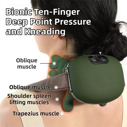 Wireless 4D Bionic 10-Fingers Shoulder & Neck Massager - EMS Micro-current & Vibration Neck Reliever with 2-Level Red Light Heat