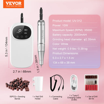 VEVOR Electric Rechargeable Nail Drill, 35,000RPM Portable Cordless Nail E File Machine, LCD-Display Acrylic Gel Grinder Tool with 6 Bits and 50PCS Sanding Bands for Manicure Pedicure Carve Polish