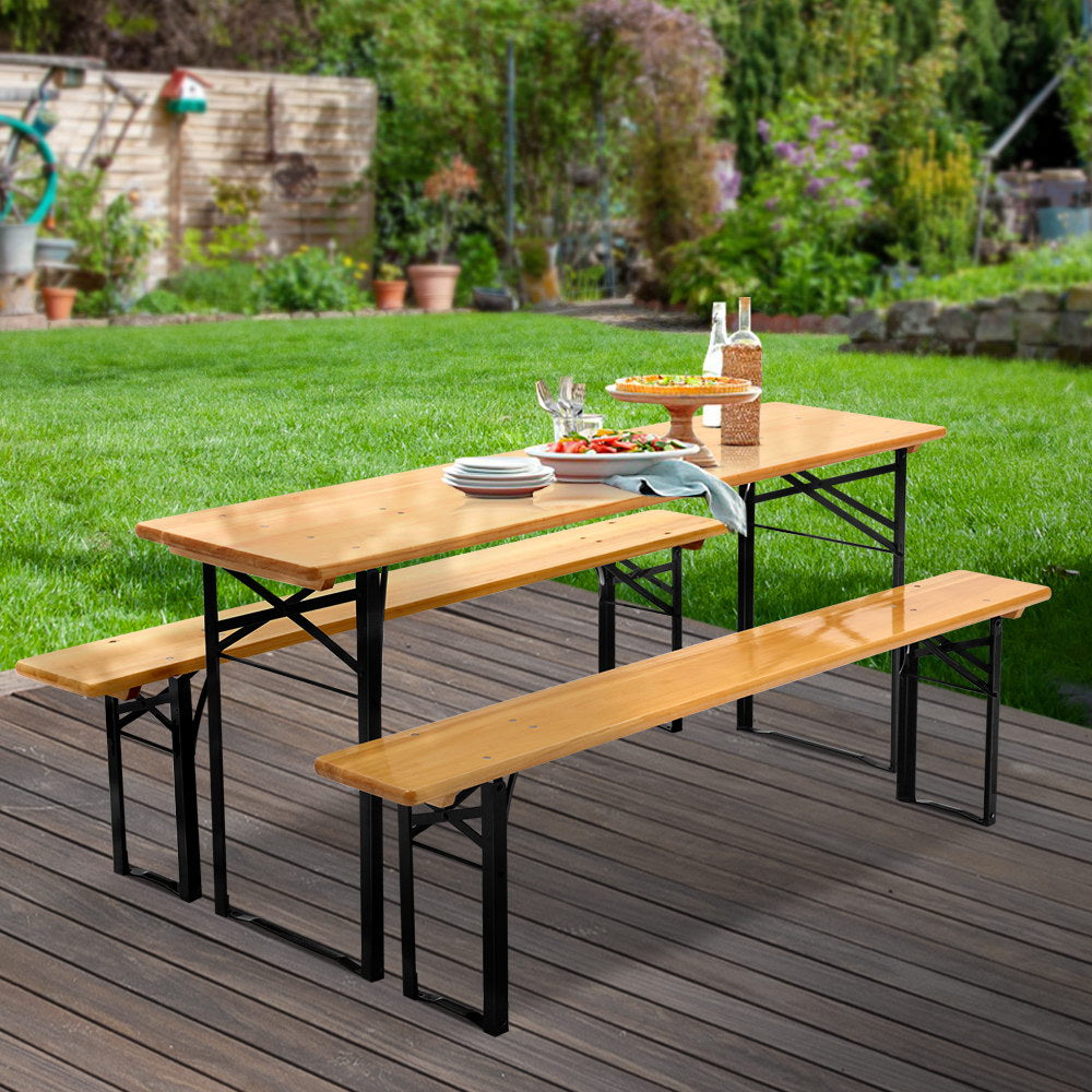 Gardeon Wooden Outdoor Foldable Bench Set - Natural