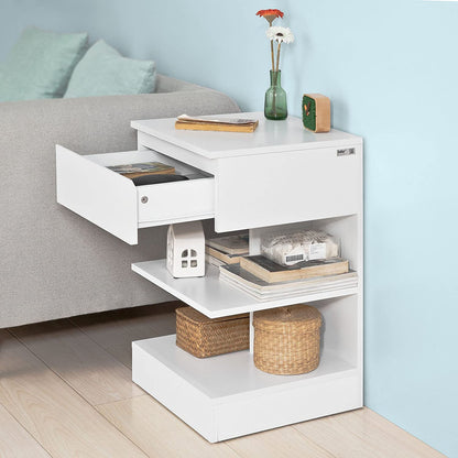White Side Table Bedside Table with 1 Drawer and 3 Shelves