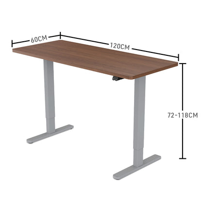 Fortia Sit To Stand Up Standing Desk, 120x60cm, 72-118cm Electric Height Adjustable, 70kg Load, Walnut Style/Silver Frame