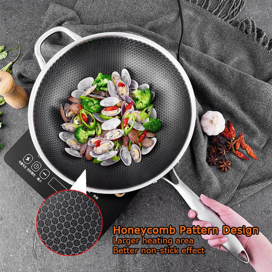 304 Stainless Steel 32cm Non-Stick Stir Fry Cooking Kitchen Wok Pan without Lid Honeycomb Single Sided