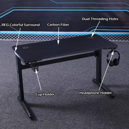 120cm RGB Embeded Gaming Desk Home Office Carbon Fiber Led Lights Game Racer Computer PC Table L-Shaped Black