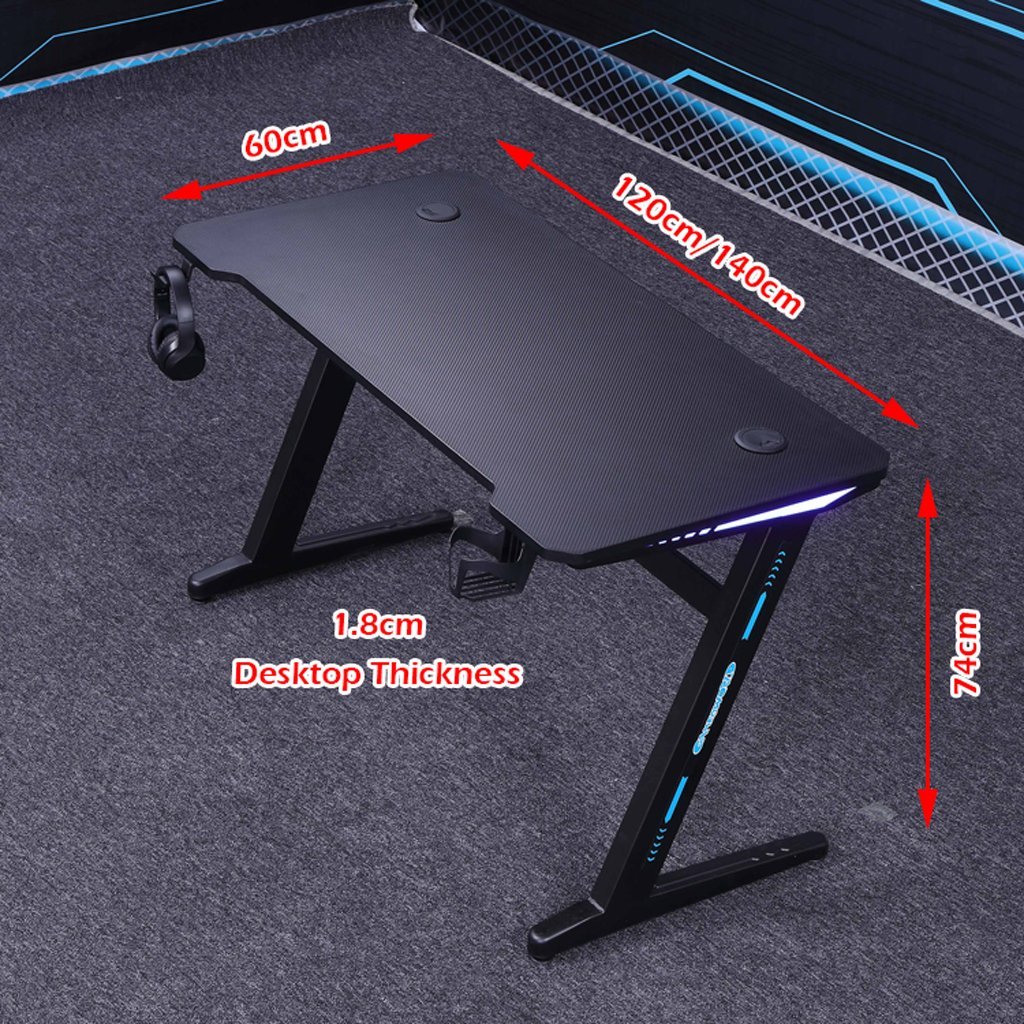 120cm RGB Embeded Gaming Desk Home Office Carbon Fiber Led Lights Game Racer Computer PC Table Z-Shaped Black